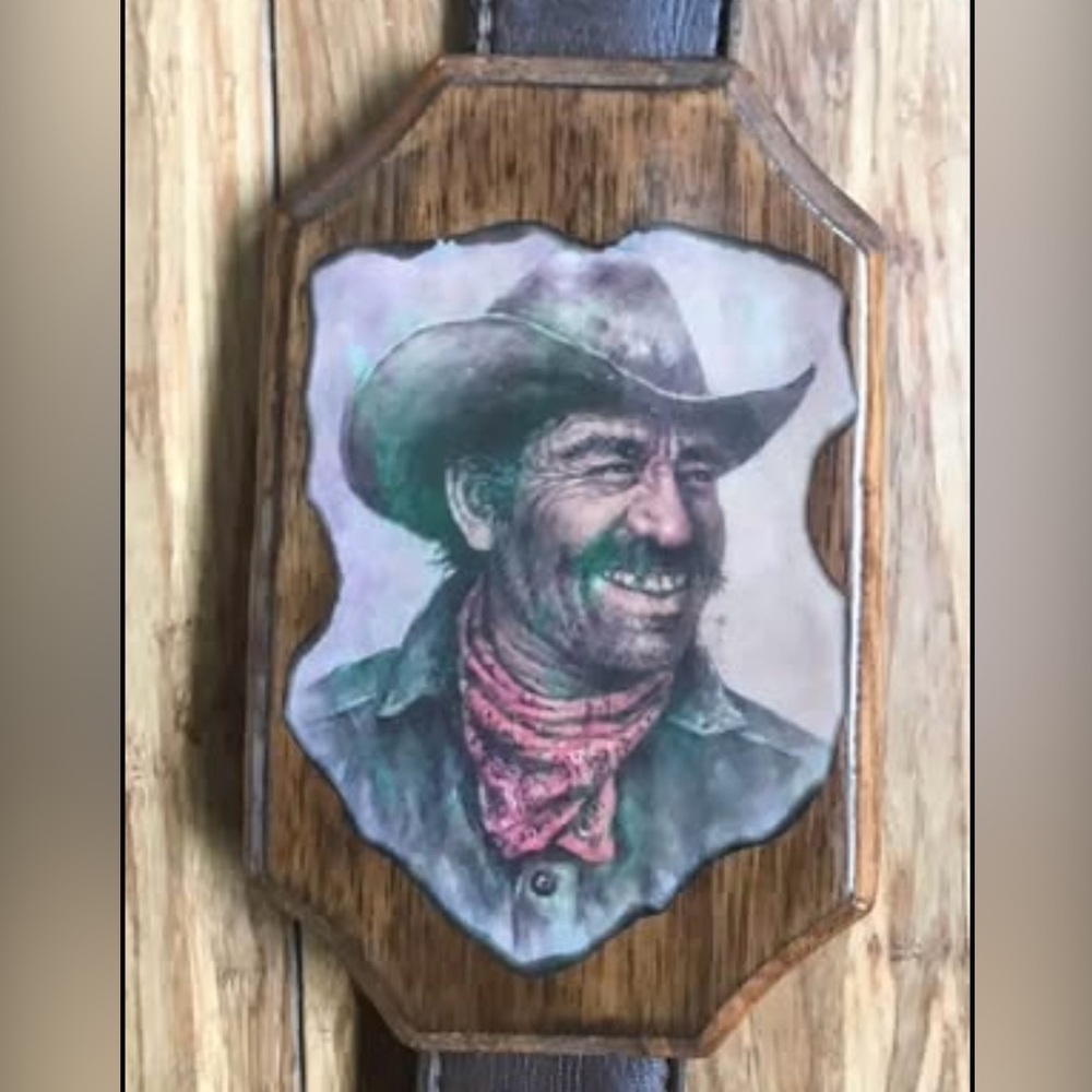 Vintage Cowboy Belt Buckle with Wood Frame